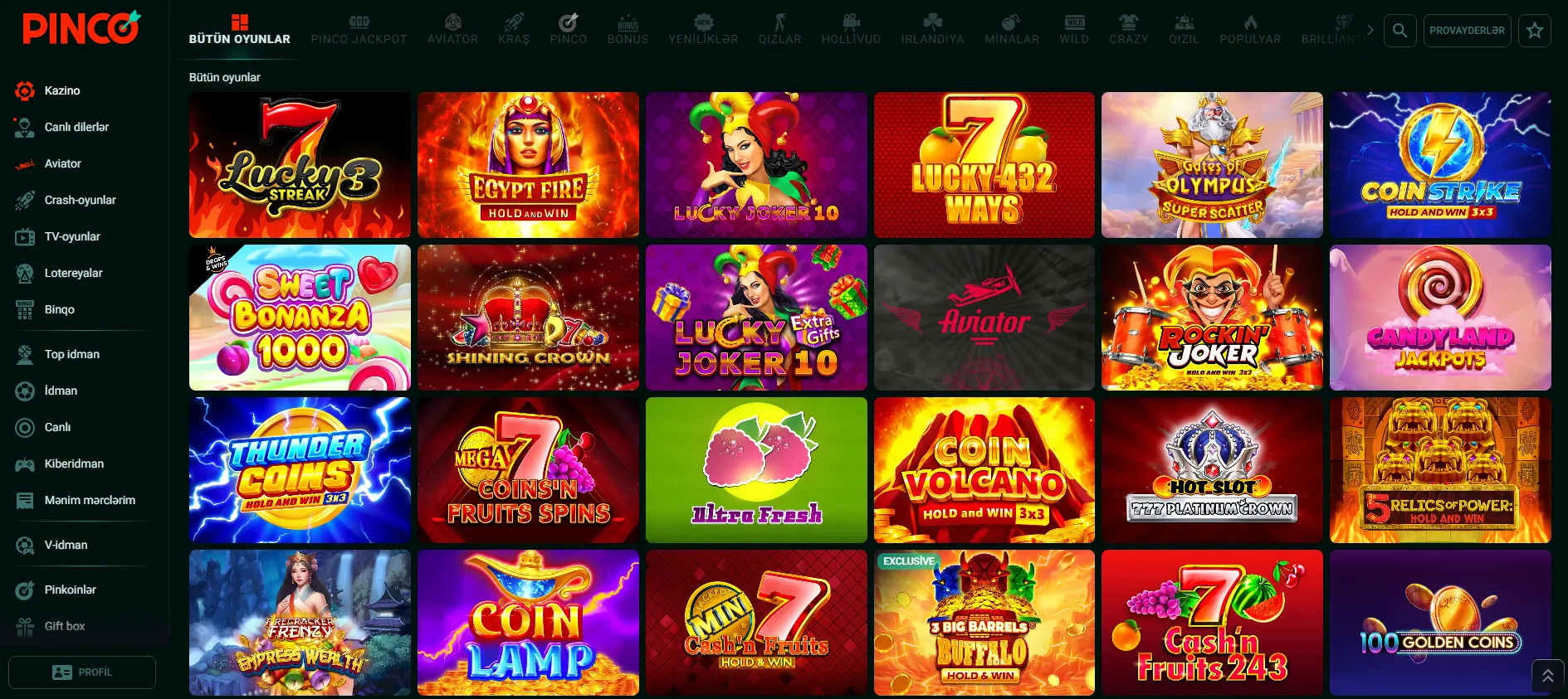 Pinco kazino oyunları: slotlar və canlı oyunlar Pinco kazino oyunları